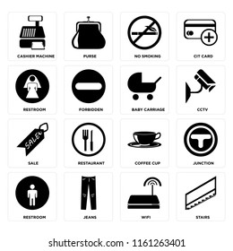 Set Of 16 icons such as Stairs, Wifi, Jeans, Restroom, Junction, Cashier machine, Sale, Baby carriage, web UI editable icon pack, pixel perfect