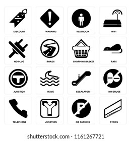 Set Of 16 icons such as Stairs, No parking, Junction, Telephone, drugs, Discount, plug, Shopping basket, web UI editable icon pack, pixel perfect