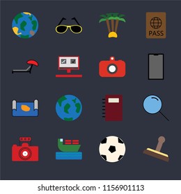 Set Of 16 icons such as Stamp, Ball, Ship, Photography, Search, Globe, Sunbed, Map, Camera on black background, web UI editable icon pack