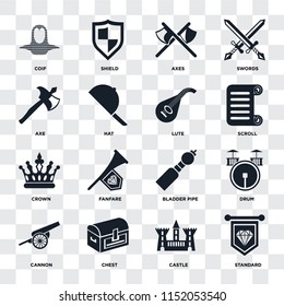 Set Of 16 icons such as Standard, Castle, Chest, Cannon, Drum, Coif, Axe, Crown, Lute on transparent background, pixel perfect
