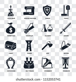 Set Of 16 icons such as Standard, Crossbow, Belt pouch, Horseshoe, Quiver, Excalibur, Money bag, Chest, Alchemy on transparent background, pixel perfect