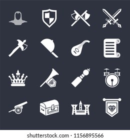 Set Of 16 icons such as Standard, Castle, Chest, Cannon, Drum, Coif, Axe, Crown, Lute on black background, web UI editable icon pack