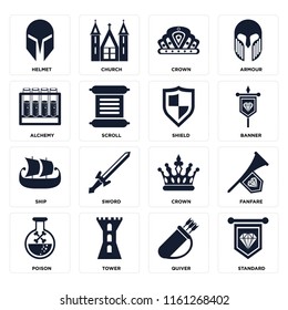 Set Of 16 icons such as Standard, Quiver, Tower, Poison, Fanfare, Helmet, Alchemy, Ship, Shield, web UI editable icon pack, pixel perfect