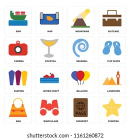 Set Of 16 icons such as Starfish, Passport, Binoculars, Bag, Landmark, Ship, Camera, Surfing, Seashell, web UI editable icon pack, pixel perfect