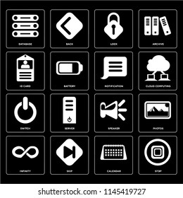 Set Of 16 icons such as Stop, Calendar, Skip, Infinity, Photos, Database, Id card, Switch, Notification, web UI editable icon pack, pixel perfect