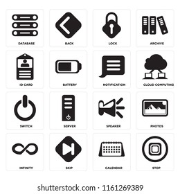 Set Of 16 icons such as Stop, Calendar, Skip, Infinity, Photos, Database, Id card, Switch, Notification, web UI editable icon pack, pixel perfect