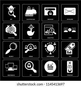 Set Of 16 icons such as Strategy, Diagrams, Spy, Responsive, Tag, Analytics, Search, web UI editable icon pack, pixel perfect