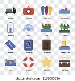 Set Of 16 icons such as Suitcase, Starfish, Lifebuoy, Map, Parasailing, Trailer, Bellhop, Tickets, Ship on transparent background, pixel perfect