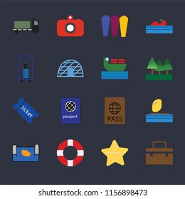 Set Of 16 icons such as Suitcase, Starfish, Lifebuoy, Map, Parasailing, Trailer, Bellhop, Tickets, Ship on black background, web UI editable icon pack