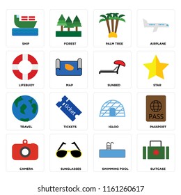 Set Of 16 icons such as Suitcase, Swimming pool, Sunglasses, Camera, Passport, Ship, Lifebuoy, Travel, Sunbed, web UI editable icon pack, pixel perfect