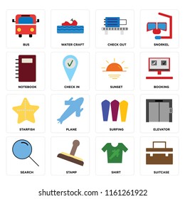 Set Of 16 icons such as Suitcase, Shirt, Stamp, Search, Elevator, Bus, Notebook, Starfish, Sunset, web UI editable icon pack, pixel perfect
