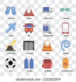 Set Of 16 icons such as Sun protection, Backpack, Oxygen, Ball, Seashell, Flip flops, Plane, Mountains, Oxygen tank on transparent background, pixel perfect