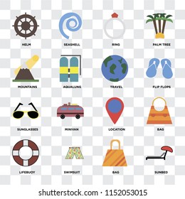 Set Of 16 icons such as Sunbed, Bag, Swimsuit, Lifebuoy, Helm, Mountains, Sunglasses, Travel on transparent background, pixel perfect