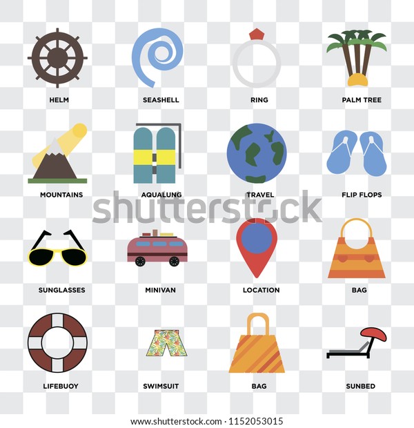Set Of 16 icons such as Sunbed, Bag, Swimsuit,
Lifebuoy, Helm, Mountains, Sunglasses, Travel on transparent
background, pixel perfect