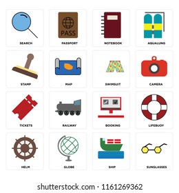Set Of 16 icons such as Sunglasses, Ship, Globe, Helm, Lifebuoy, Search, Stamp, Tickets, Swimsuit, web UI editable icon pack, pixel perfect