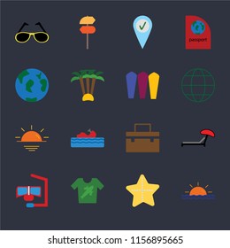 Set Of 16 icons such as Sunset, Starfish, Shirt, Snorkel, Sunbed, Sunglasses, Travel, Surfing on black background, web UI editable icon pack