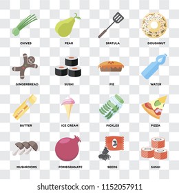 Set Of 16 icons such as Sushi, Seeds, Pomegranate, Mushrooms, Pizza, Chives, Gingerbread, Butter, Pie on transparent background, pixel perfect