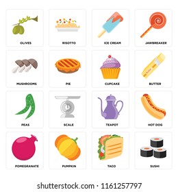 Set Of 16 icons such as Sushi, Taco, Pumpkin, Pomegranate, Hot dog, Olives, Mushrooms, Peas, Cupcake, web UI editable icon pack, pixel perfect