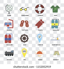 Set Of 16 icons such as Swimsuit, Sunset, Gps, Railway, Room service, Globe, Snorkel, Aqualung, Tickets on transparent background, pixel perfect
