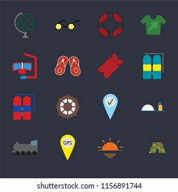Set Of 16 icons such as Swimsuit, Sunset, Gps, Railway, Room service, Globe, Snorkel, Aqualung, Tickets on black background, web UI editable icon pack