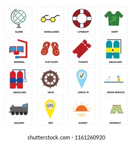 Set Of 16 icons such as Swimsuit, Sunset, Gps, Railway, Room service, Globe, Snorkel, Aqualung, Tickets, web UI editable icon pack, pixel perfect