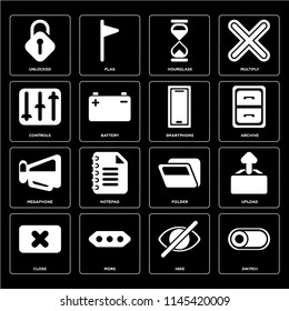 Set Of 16 icons such as Switch, Hide, More, Close, Upload, Unlocked, Controls, Megaphone, Smartphone, web UI editable icon pack, pixel perfect