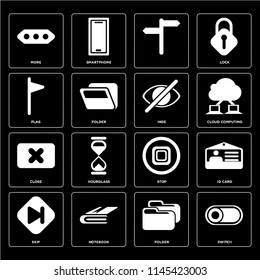 Set Of 16 icons such as Switch, Folder, Notebook, Skip, Id card, More, Flag, Close, Hide, web UI editable icon pack, pixel perfect