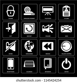 Set Of 16 icons such as Switch, Notebook, Calendar, Smartphone, Volume control, Locked, Exit, Muted, Speaker, web UI editable icon pack, pixel perfect