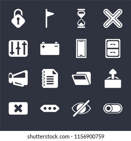 Set Of 16 icons such as Switch, Hide, More, Close, Upload, Unlocked, Controls, Megaphone, Smartphone on black background, web UI editable icon pack