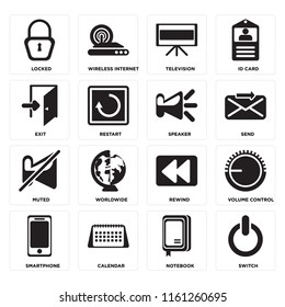 Set Of 16 icons such as Switch, Notebook, Calendar, Smartphone, Volume control, Locked, Exit, Muted, Speaker, web UI editable icon pack, pixel perfect