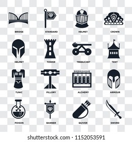 Set Of 16 icons such as Sword, Quiver, Banner, Poison, Armour, Bridge, Helmet, Tunic, Trebuchet on transparent background, pixel perfect
