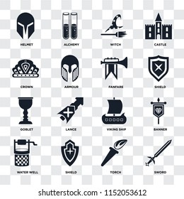 Set Of 16 icons such as Sword, Torch, Shield, Water well, Banner, Helmet, Crown, Goblet, Fanfare on transparent background, pixel perfect