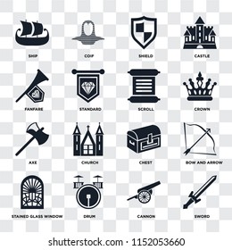 Set Of 16 icons such as Sword, Cannon, Drum, Stained glass window, Bow and arrow, Ship, Fanfare, Axe, Scroll on transparent background, pixel perfect