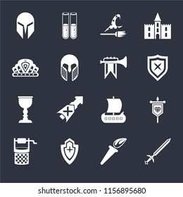 Set Of 16 icons such as Sword, Torch, Shield, Water well, Banner, Helmet, Crown, Goblet, Fanfare on black background, web UI editable icon pack