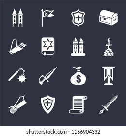 Set Of 16 icons such as Sword, Scroll, Shield, Gauntlet, Standard, Tower, Quiver, Morning star, Tower on black background, web UI editable icon pack