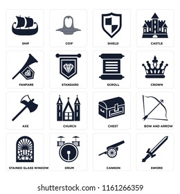 Set Of 16 icons such as Sword, Cannon, Drum, Stained glass window, Bow and arrow, Ship, Fanfare, Axe, Scroll, web UI editable icon pack, pixel perfect