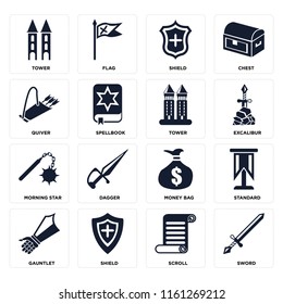 Set Of 16 icons such as Sword, Scroll, Shield, Gauntlet, Standard, Tower, Quiver, Morning star, web UI editable icon pack, pixel perfect