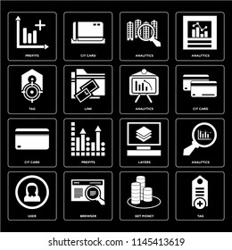 Set Of 16 icons such as Tag, Get money, Browser, User, Analytics, Profits, Cit card, web UI editable icon pack, pixel perfect