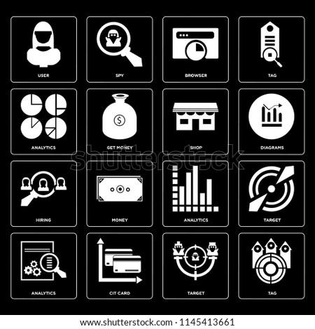 Set Of 16 icons such as Tag, Target, Cit card, Analytics, User, Hiring, Shop, web UI editable icon pack, pixel perfect