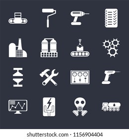 Set Of 16 icons such as Tank truck, Gas mask, Electricity, Stock, Drill, Conveyor, Factory, Machine press, Conveyor on black background, web UI editable icon pack
