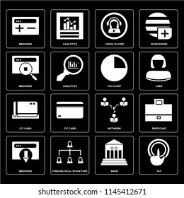 Set Of 16 icons such as Tap, Bank, Hierarchical structure, Browser, Briefcase, Cit card, Pie chart, web UI editable icon pack, pixel perfect