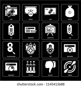 Set Of 16 icons such as Target, Dislike, Testing, Browser, Link, Tag, Placeholder, Analytics, web UI editable icon pack, pixel perfect
