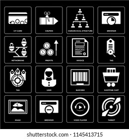 Set Of 16 icons such as Target, Video player, Browser, Image, Shopping cart, Cit card, Networking, Tag, Invoice, web UI editable icon pack, pixel perfect