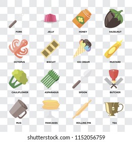 Set Of 16 icons such as Tea, Rolling pin, Pancakes, Mug, Butcher, Fork, Octopus, Cauliflower, Ice cream on transparent background, pixel perfect