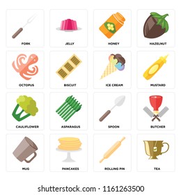 Set Of 16 icons such as Tea, Rolling pin, Pancakes, Mug, Butcher, Fork, Octopus, Cauliflower, Ice cream, web UI editable icon pack, pixel perfect