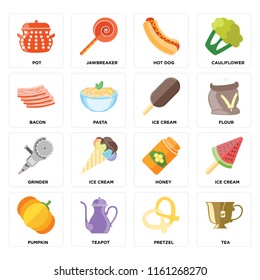 Set Of 16 icons such as Tea, Pretzel, Teapot, Pumpkin, Ice cream, Pot, Bacon, Grinder, web UI editable icon pack, pixel perfect