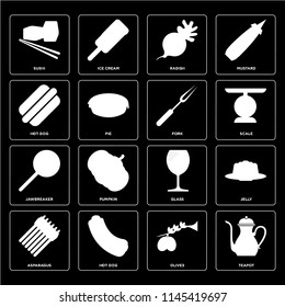 Set Of 16 icons such as Teapot, Olives, Hot dog, Asparagus, Jelly, Sushi, Jawbreaker, Fork, web UI editable icon pack, pixel perfect