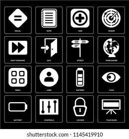 Set Of 16 icons such as Television, Locked, Controls, Battery, View, Equal, Fast forward, Menu, Street, web UI editable icon pack, pixel perfect