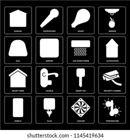 Set Of 16 icons such as Temperature, Cooler, Plug, Mobile, Security camera, Garage, Dial, Smart home, Air conditioner, web UI editable icon pack, pixel perfect