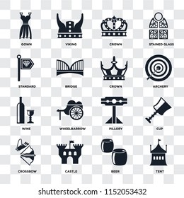 Set Of 16 icons such as Tent, Beer, Castle, Crossbow, Cup, Gown, Standard, Wine, Crown on transparent background, pixel perfect